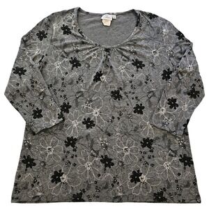 Hot Cotton Womens XL Dark Grey Floral Scoop Neck 3/4 Sleeve Blouse Made in USA